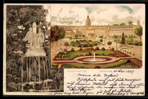 Künstler-AK Carl Münch: Karlsruhe, Residenzschloss mit Park, Hermann und Dorothea