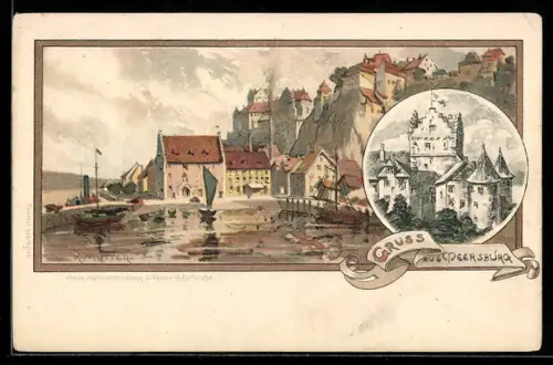 Lithographie Meersburg, Hafen, Schloss, Stadtansicht