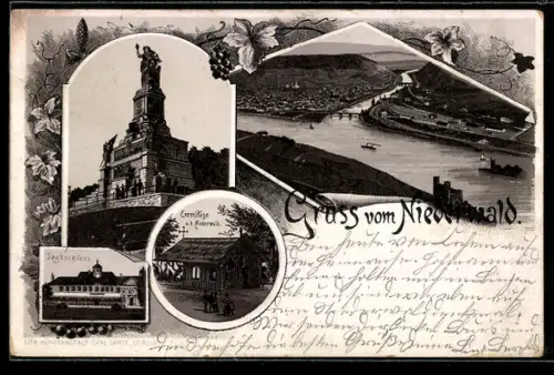 Lithographie Rüdesheim am Rhein, Eremitage, Rheinansicht, National-Denkmal