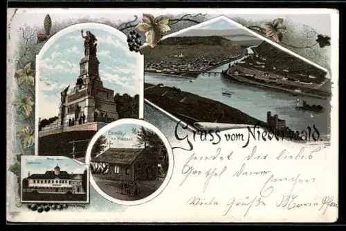 Lithographie Rüdesheim am Rhein, Eremitage, Rheinansicht, National-Denkmal