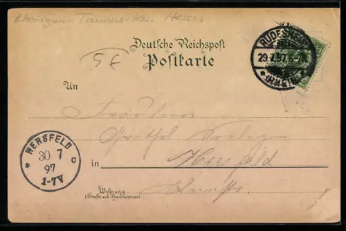 Lithographie Rüdesheim am Rhein, Eremitage, Rheinansicht, National-Denkmal