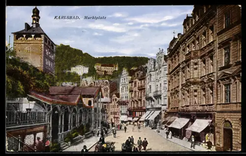 AK Karlsbad, Marktplatz mit Geschäfte und Pferdekutsche