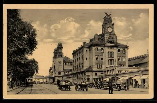 AK Prag, Strassenbahn vor dem Wilsonbahnhof