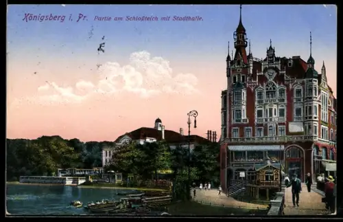 AK Königsberg, Partie am Schlossteich mit Stadthalle