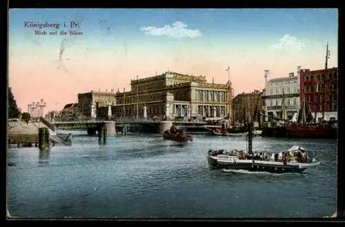 AK Königsberg, Blick auf die Börse und Flusspartie mit Schiffen