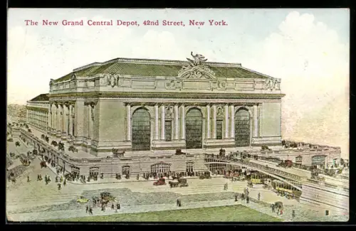 AK New York, NY, The new Grand Central Depot, 42nd Street, Bahnhof mit Strassenbahnen
