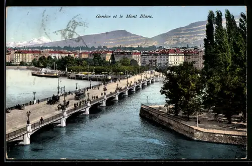 AK Genf, Panorama über die Stadt mit Mont Blanc, Strassenbahn