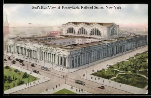 AK New York, NY, Bird`s-Eye-View of Pennsylvania Railroad Station, Bahnhof, Strassenbahn