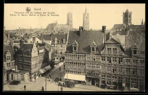 AK Gand, Panorama pris du Chateau des Comtes, Eglise St. Bavon, Beffroi et Eglise St. Nicolas