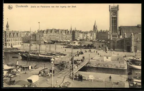 AK Ostende, Statie en Panorama van den Ingang der Stad, Schiffe