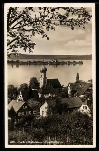 AK Allensbach, Ortsansicht mit Kirche und Insel Reichenau