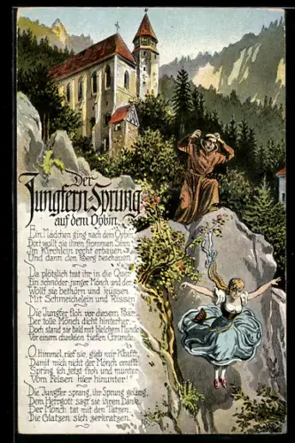 Künstler-AK Oybin, Kirche mit Mönch und Mädchen, Der Jungfern-Sprung