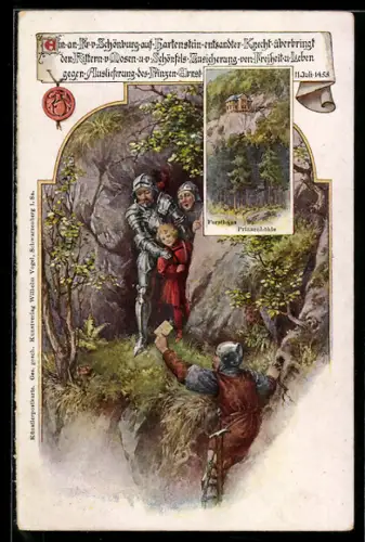 AK Hartenstein, Forsthaus Prinzenhöhle, entsandter Knecht überbringt den Rittern v. Mosen eine Zusicherung