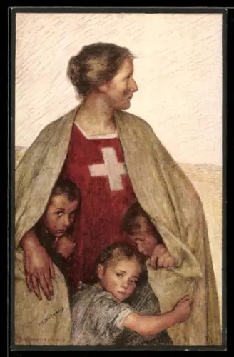 AK Henri Dunant, Schweizer Rotes Kreuz, Helvetia mit Kindern