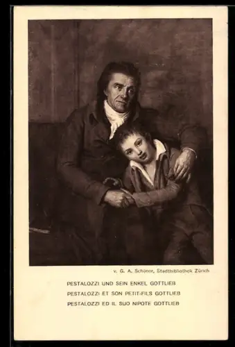 Künstler-AK Pestalozzi und sein Enkel Gottlieb, Schweizer Bundesfeier 1914