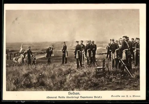 Künstler-AK Sedan, General Reille überbringt Napoleons Brief, Reichseinigungskriege