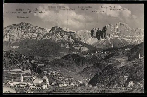 AK Bozen, Blick vom Hotel Gasser auf den Rosengarten und Dorf Rentsch