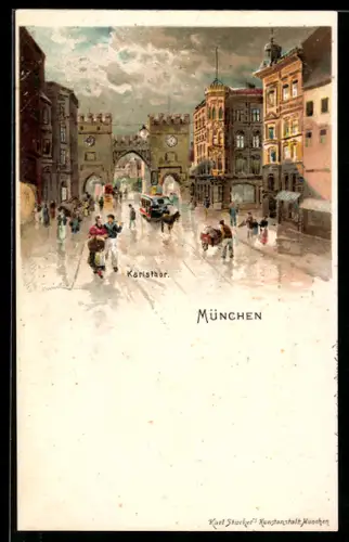 Lithographie München, Partie am Karlsthor mit Pferdebahn