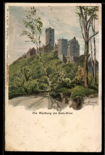 Künstler-Lithographie Carl Biese: Eisenach, Südwestansicht der Wartburg