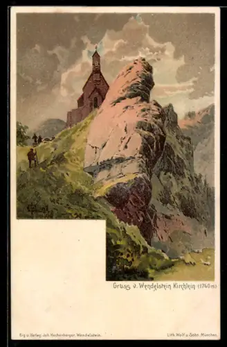 Lithographie Wendelstein, Blick auf das Wendelstein Kirchlein