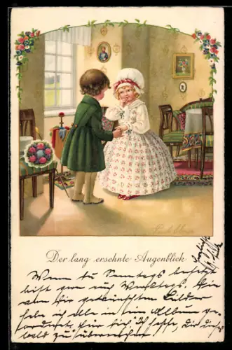 Künstler-AK Pauli Ebner: Der lang ersehnte Augenblick, Junge steckt seiner Freundin einen Verlobungsring auf den Finger