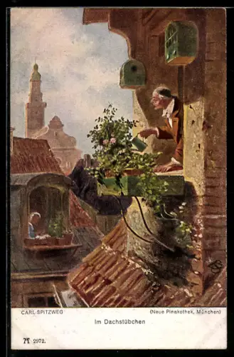 Künstler-AK Carl Spitzweg: Im Dachstübchen, Mann giesst seine Pflanzen vor dem Fenster