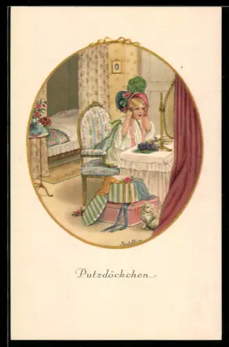 Künstler-AK Pauli Ebner: Mädchen probiert einen Hut vor dem Spiegel an