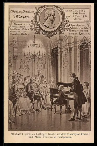 AK Wolfgang Amadeus Mozart spielt als 6 jähriger vor dem Kaiserpaar Franz I. und Maria Theresia in Schönbrunn