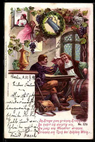 Lithographie Männer sitzen im Wirtshaus und geniessen den Wein