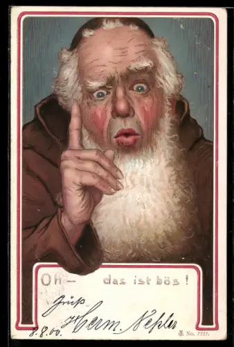 Lithographie Oh, das ist bös!, Mahnender Mönch mit Rauschebart