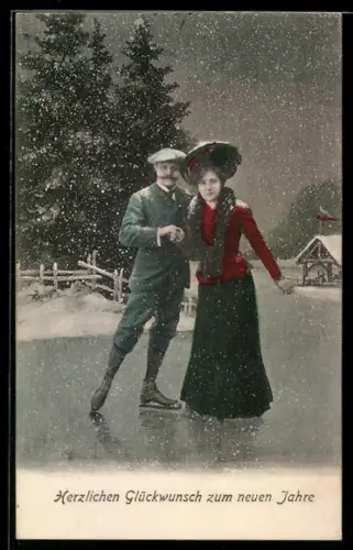 AK Paar beim Schlittschuhlaufen im Schneegestöber, Neujahrsgruss