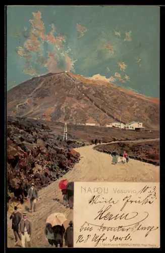 Lithographie Napoli / Neapel, Vesuvio, Partie am Vulkan