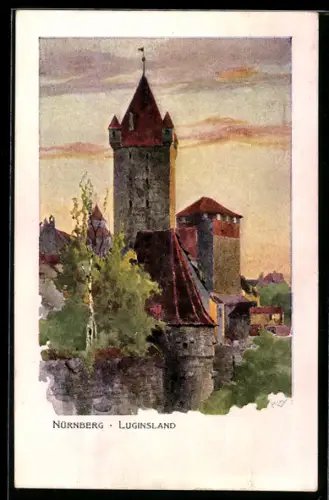 Künstler-AK Heinrich Kley: Nürnberg, Luginsland mit Turm