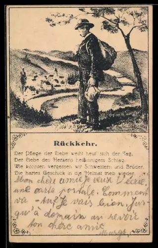 AK Rückwandererhilfe, Wanderer blickt über sein Heimatdorf, Gedicht Rückkehr