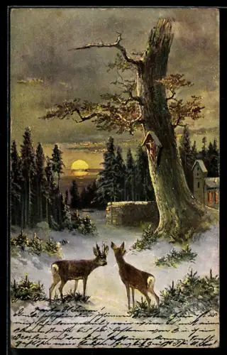 Künstler-AK M. Müller jun.: Rehe im Winter am Ortsrand