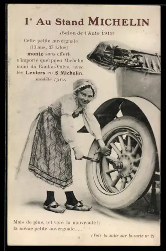 AK Salon de l`Auto 1913, 1er Au Stand Michelin, junge Frau beim Radwechseln