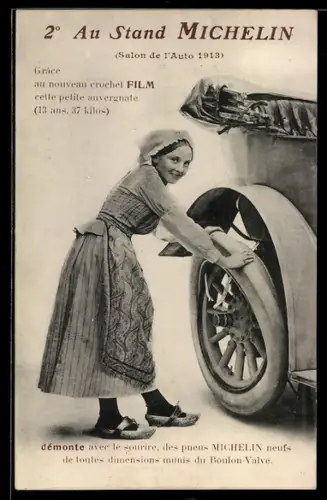 AK Reklame für Autoreifen von Michelin, Mädchen wechselt einen Reifen