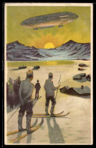 AK Zeppelin und Skifahrer im Sonnenaufgang