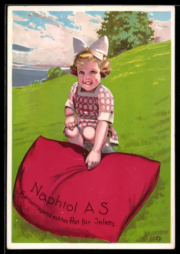 AK Naphtol AS, Hervorragendes echtes Rot für Inletts, Mädchen mit rotem Kissen auf einer Wiese