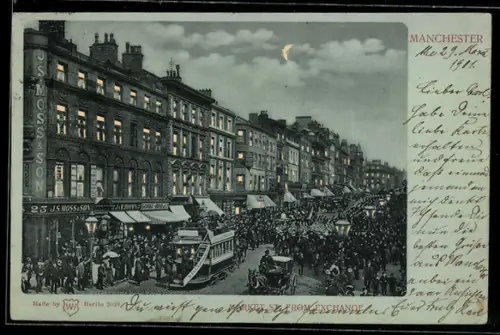 Mondschein-AK Manchester, Market St. from Exchange, Halt gegen das Licht