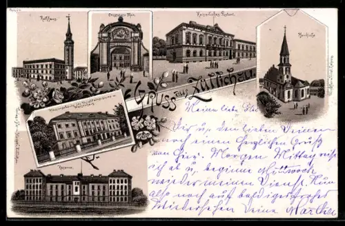 Lithographie Züllichau / Sulechow, Kaiserliches Postamt, Rathaus, Kaserne