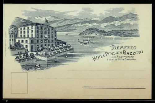 Lithographie Tremezzo, Hôtel Bazzoni avec Restaurant à côté de Villa Carlotta