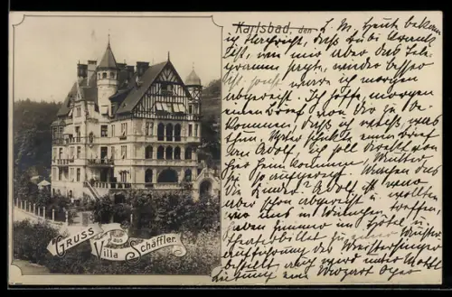 AK Karlsbad, Villa Schäffler in der Aussenansicht mit Gartenanlage