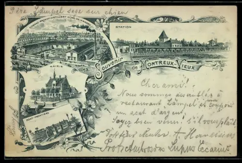 Lithographie Montreux-Vieux, Station, Cognac-Brandy-Distillery Dürr-Delamarre, Maierie, Pont-Frontière
