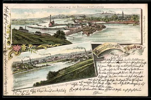 Lithographie Bockwa, Überschwemmung der Bockwaer Kohlenwerke während des Unwetters im Juli 1897