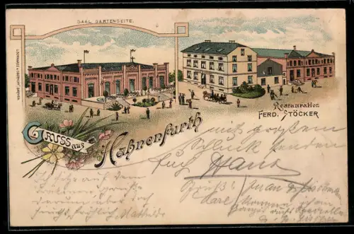 Lithographie Hahnenfurth, Vogelschau auf Restaurant von Ferd. Stöcker