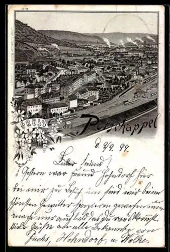 Lithographie Potschappel, Ortsansicht aus der Vogelschau