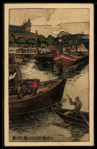 Steindruck-AK Berlin-Tiergarten, Schiffe im Humboldthafen