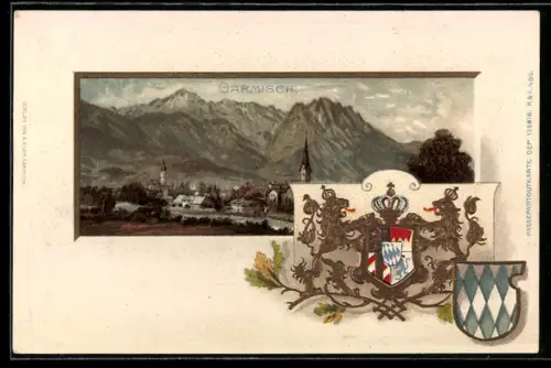Passepartout-Lithographie Garmisch, Ortsansicht aus der Vogelschau mit Wappen