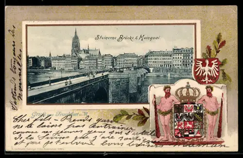 Passepartout-Lithographie Frankfurt a. M., Steinerne Brücke und Mainquai, Wappen und Eichenzweig